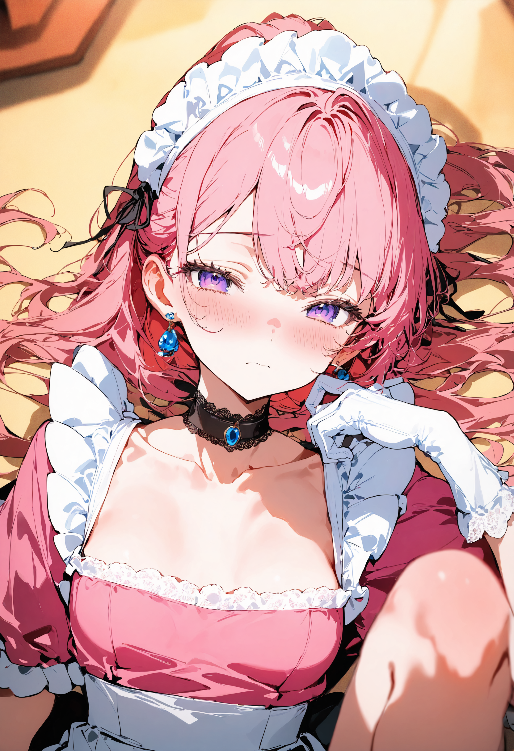 masterpiece, best quality, newest, absurdres, highres, very awa, anime screencap, film grain, limited palette, ambient occlusion, depth of field, intricate background, 1girl, solo, gloves, white gloves, maid headdress, jewelry, choker, looking at viewer, blush, dress, pink dress, lying, earrings, long hair, maid, black choker, frilled gloves, pink hair, on back, frills, closed mouth, breasts, blue eyes, frilled dress, short sleeves, collarbone, lace trim, lace-trimmed choker, purple eyes, knee up, frilled sleeves