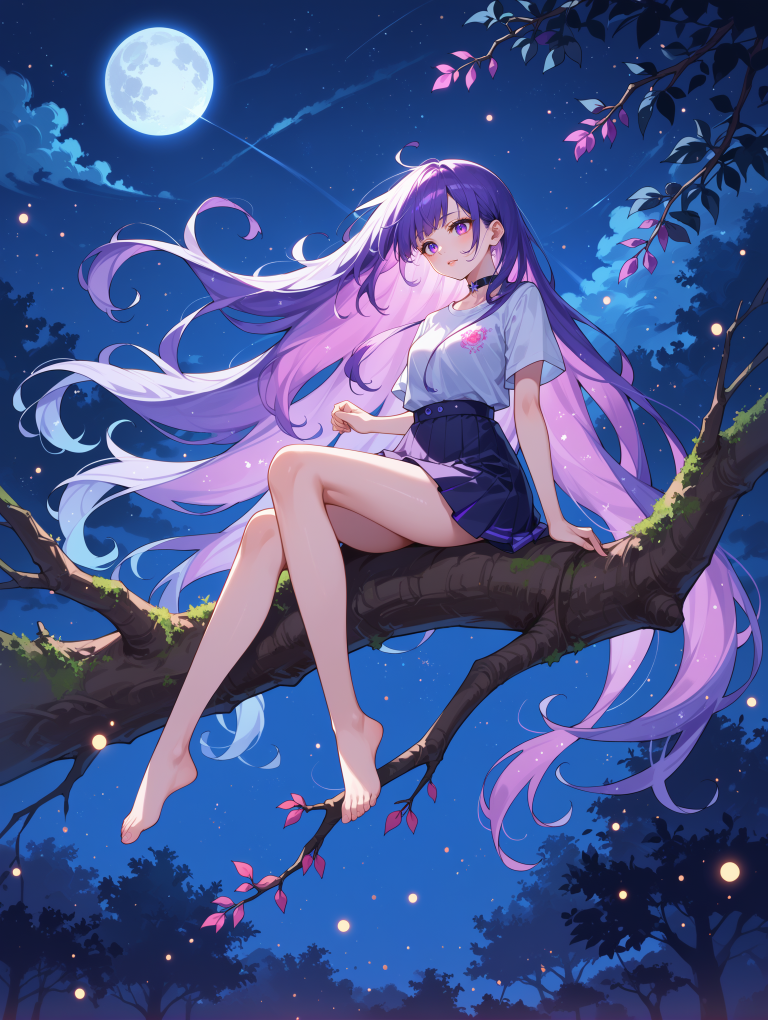 score_9, score_8_up, score_7_up, source_anime,
surreal, 
1girl,Kpop idol, very long hair, floating hair,glowing hair, 
 night scene,moon in the sky,purple hues,starry night,dreamlike atmosphere,glowing edges,mystical,high contrast,ethereal light,sitting on a tree branch,light particles,