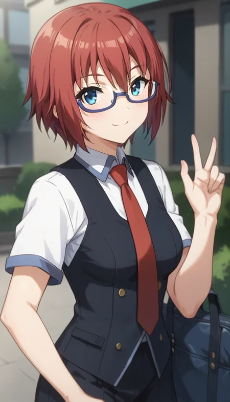 score_9,score_8_up,score_7_up,score_6_up BREAK official art,solo,outdoors,cowboy shot,looking at viewer,facing viewer,smile,blush,Misaki Raika,short hair,red hair,hair between eyes,bangs,blue eyes,semi-rimless_eyewear,school uniform,black vest,red necktie,white shirt,collared shirt,short sleeves,medium breasts,black pants,loafers,<lora:Misaki Raika(rt~ascc)-Pony:1.5>,
