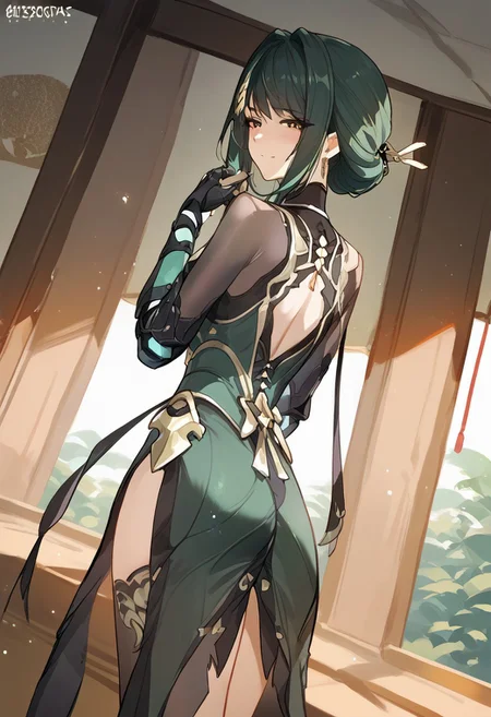 zPDXL3, score_9_up, score_8_up, score_7_up, (Anime_source), 1girl, Solacetune, brown eyes, dark green hair, hair bun, mole under eye, Solacetune clothes, half-stockings, looking back, looking at viewer, dutch angle, smile, blush, closed mouth, half closed eyes