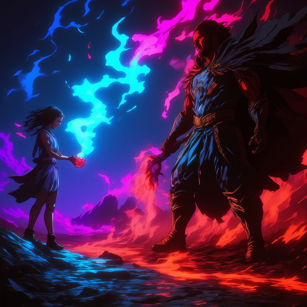 anime, Illustrate a manga-style scene where Persephone is standing before Hades in the dark Underworld. Persephoneâs expression is one of sorrow and resignation, as she holds a glowing pomegranate in her hand. Hades looms beside her, his expression cold but triumphant, as shadows swirl around them. In the background, the twisted, dark landscape of the Underworld looms, with glowing red cracks in the ground. Use dramatic shading and sharp contrast to emphasize the gravity of the moment, as Persephone is condemned to spend one month each year in the Underworld   <lora:Add_More_details_Flux:0.8>  <lora:FadooStyleV2_r1:1> FADOOSTYLEV2