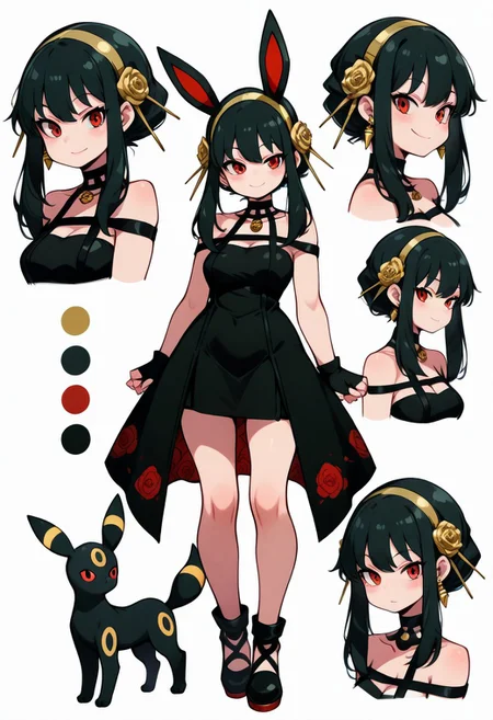 CharacterDesignIllustrious, reference sheet, simple white background, color guide, (multiple views), (full body), dynamic pose,
,,,
cute girl, smile,
,,,
(Umbreon ), Umbreon companion,
Yor Briar, Yor Forger, 1girl, black hair, red eyes, short hair with long locks, gold hairband, hair flower, black choker, black dress, sleeveless, off shoulder, floral print, fingerless gloves,