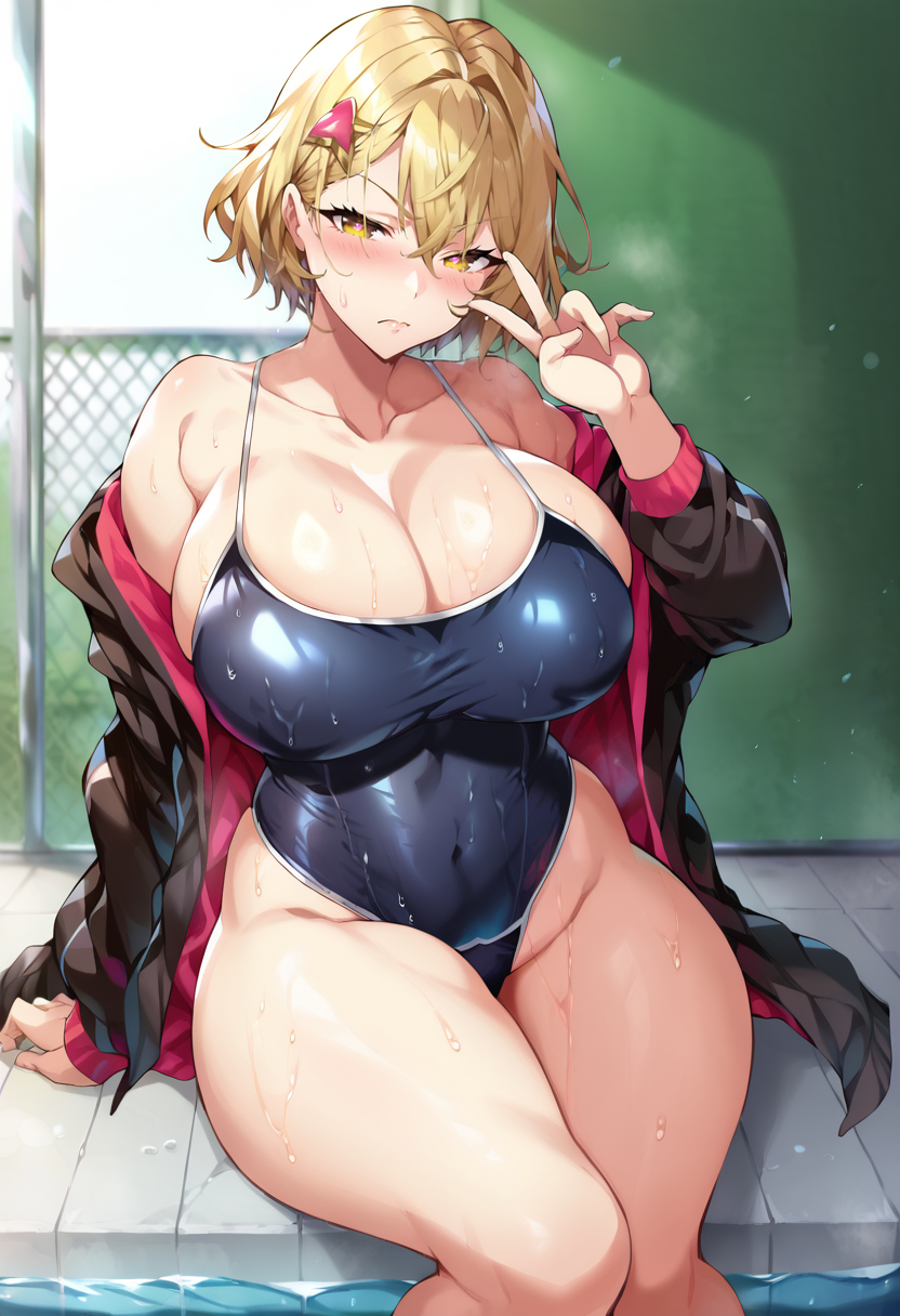 score_9, score_7_up,  1girl, 
solo, huge breasts, wide hips, thick thighs, :>, blonde hair, yellow eyes, looking at viewer, pink pupils, collarbone, blush, wet, v-shaped eyebrows, wet clothes, breasts, thighs, arm support, open clothes, frown, black one-piece swimsuit, bare legs, groin, school swimsuit, sitting, cleavage, covered navel, long sleeves, open jacket, off shoulder, bare shoulders, hair ornament, short hair, one-piece swimsuit, jacket
 <lora:senri_gan-Style-PonyXL-Dora:1>