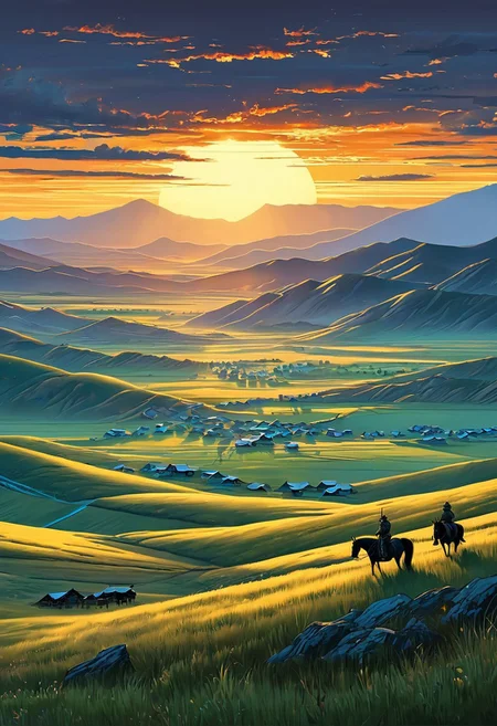 A captivating morning scene illustration featuring the steppes of Mongolia. This enchanting artwork captures a serene and peaceful early morning, where the sun is just starting to rise over the the steppes and fields of Mongolia, creating a cinematic experience back to the times when Mongolian armies rode across the land on horses,
illustration, cinematic
<lora:DonM3t3rn1tyXL-v1.1:0.7>, DonM3t3rn1tyXL,
OverallDetailXL <lora:MJ52:0.3> <lora:SDXLFaeTastic2400:0.4> <lora:EpicF4nta5yXL:0.7>