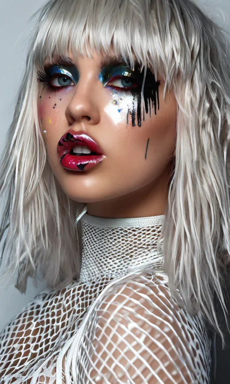 photorealistic portrait of a fierce goth-pop queen biting a glossy lollipop, melting black ink-drip eye makeup, icy platinum hair with blunt bangs, white fishnet mini-dress and latex thigh-highs, cosmic neon accents and subtle glitch artifacts, Nova Skyrift aesthetic, hyper-detailed facial pores and fabric textures, cinematic rim lighting, retro-futuristic playfulness, 8K, ultra-detailed, film-grain finish