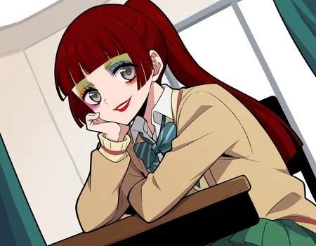 score_9, score_8_up, score_7_up, source_anime, <lora:n-arisugawa-oc-ponyxl-lora-nochekaiser:1>, n-arisugawa, long hair, red hair, bangs, blunt bangs, hime cut, grey eyes,, ponytail, makeup, lipstick, skirt, long sleeves, school uniform, jacket, miniskirt, green skirt, blazer, brown blazer, sweater vest, yellow sweater vest, bowtie, green bowtie, striped bowtie, collared shirt,, indoors, smile, looking at viewer, solo, sitting, head rest, table,, cowboy shot, dutch angle