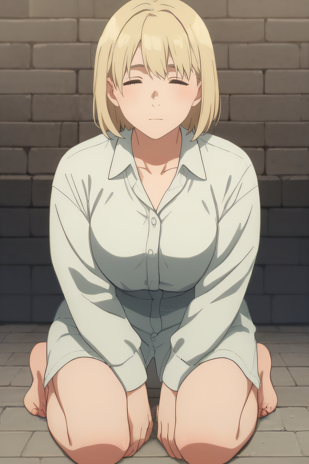 score_9, score_8_up, score_7_up, source_anime, rating_safe, intricate details, anime screencap, official style, 1girl, <lora:PONY_Falin_Touden_v2:1>, falin, closed eyes, medium hair, mature woman, medium breasts, brick wall background, frontal view, collared shirt, collarbone, kneeling, full body, barefeet, bare thighs, long shirt