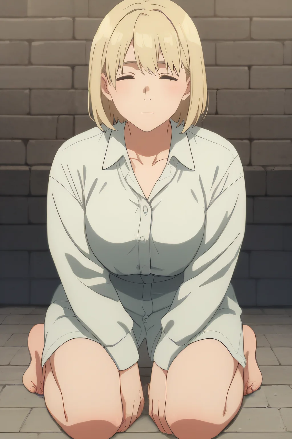 score_9, score_8_up, score_7_up, source_anime, rating_safe, intricate details, anime screencap, official style, 1girl, <lora:PONY_Falin_Touden_v2:1>, falin, closed eyes, medium hair, mature woman, medium breasts, brick wall background, frontal view, collared shirt, collarbone, kneeling, full body, barefeet, bare thighs, long shirt