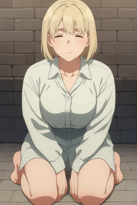 score_9, score_8_up, score_7_up, source_anime, rating_safe, intricate details, anime screencap, official style, 1girl, <lora:PONY_Falin_Touden_v2:1>, falin, closed eyes, medium hair, mature woman, medium breasts, brick wall background, frontal view, collared shirt, collarbone, kneeling, full body, barefeet, bare thighs, long shirt