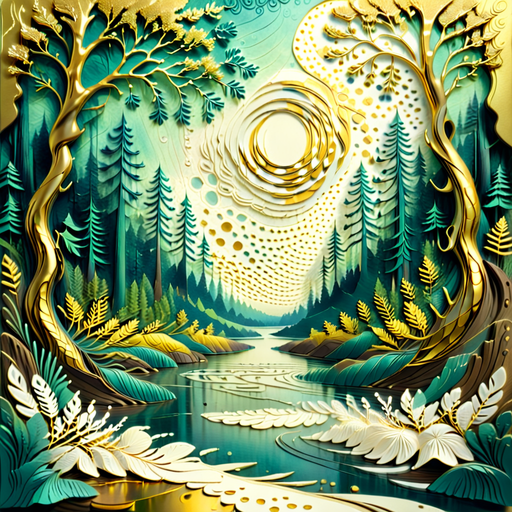 abstract nature print, lake, swirls, woodcut, cotton, futurism style, Framed View, forest tones, scalloped pattern, dot matrix effect, gold leaf accents, horizon-blending, woven texture, tarnished finish <lora:artfully_DEPTHMAP:0.8>,  depth map, in the style of carved relief, embossing, encaustic, papercraft,