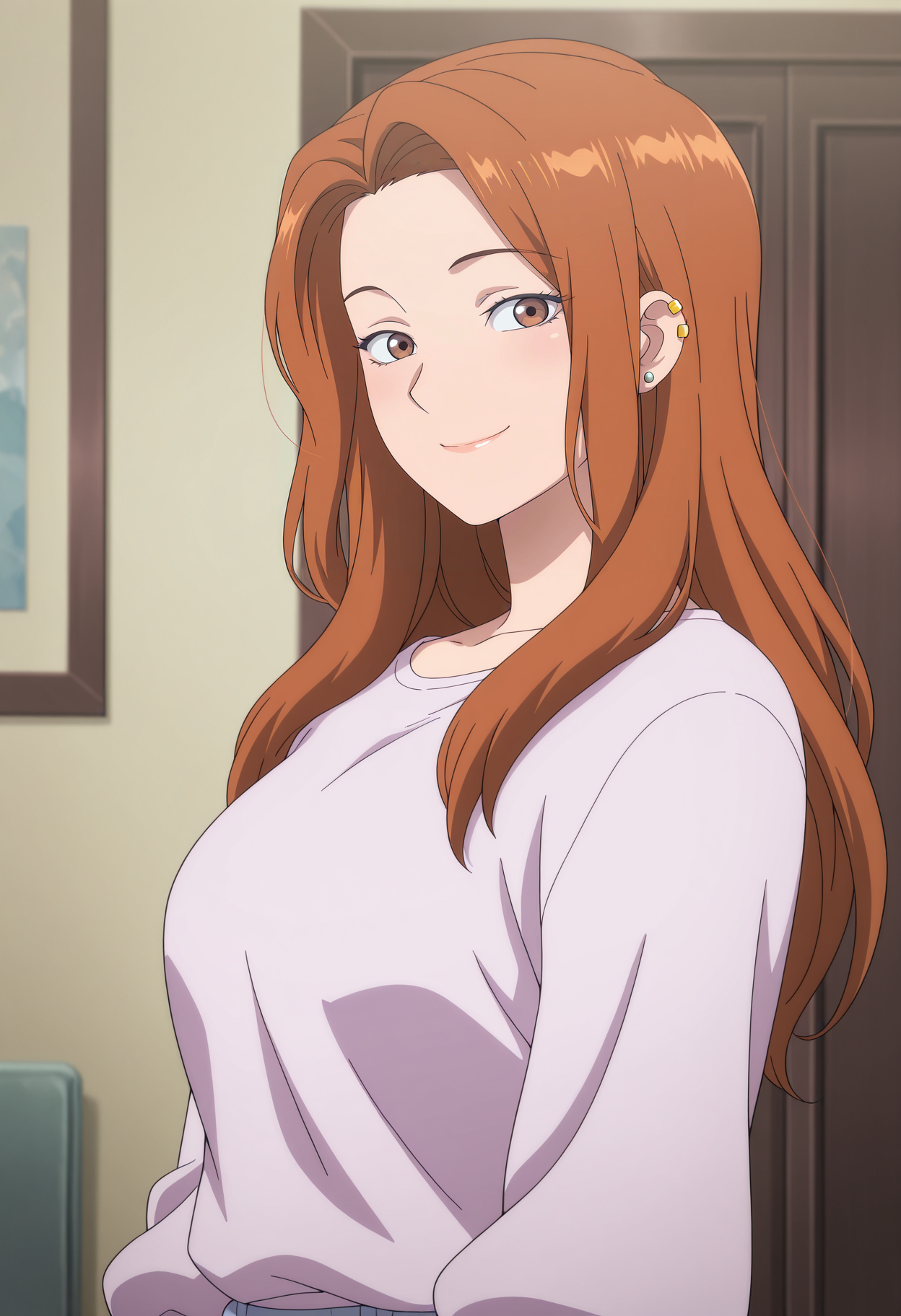 1girl,solo,mm,mature female,long hair,brown hair,brown eyes,ear piercing,anime coloring,
shirt,upper body, looking at viewer, smile,indoors
,masterpiece,best quality,amazing quality,<lora:Ira_Choi-The_Girl_Downstairs:0.8>