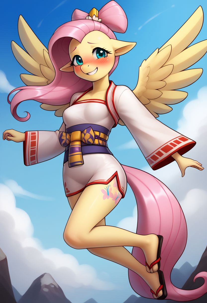 score_9, score_8_up, score_7_up, score_6_up, realistic illustration, dramatic angle, blue sky,
1girl, solo, Fluttershy (mlp), (anthro pony), 18 yo, tail, wings, petite body, shiny skin, small erky breasts, toes,
<lora:zs_AmanazokoXL:1> amanazokosmtv, hair ornament, pointy ears, kimono, wide sleeves, geta, 
dynamic pose, flying, 
shy, blush, blushing, embarrassed, looking at viewer, grin,