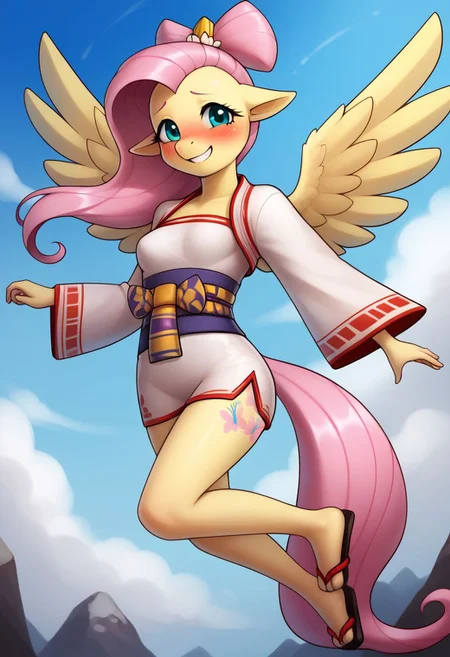 score_9, score_8_up, score_7_up, score_6_up, realistic illustration, dramatic angle, blue sky,
1girl, solo, Fluttershy (mlp), (anthro pony), 18 yo, tail, wings, petite body, shiny skin, small erky breasts, toes,
<lora:zs_AmanazokoXL:1> amanazokosmtv, hair ornament, pointy ears, kimono, wide sleeves, geta, 
dynamic pose, flying, 
shy, blush, blushing, embarrassed, looking at viewer, grin,
