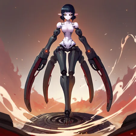 anime artwork Masterpiece, high quality, score_9, score_8_up, score_7_up, 1girl, solo, monster girl, war machine, huge chassis, wheels, turret, tank, weapon, long pointy ears, huge eyes, <lora:Sanakan_V1:0.8> sanakan, short hair, black hair, blunt bangs, black sclera, pale skin, facial mark, cyborg, android . anime style, key visual, vibrant, studio anime,  highly detailed