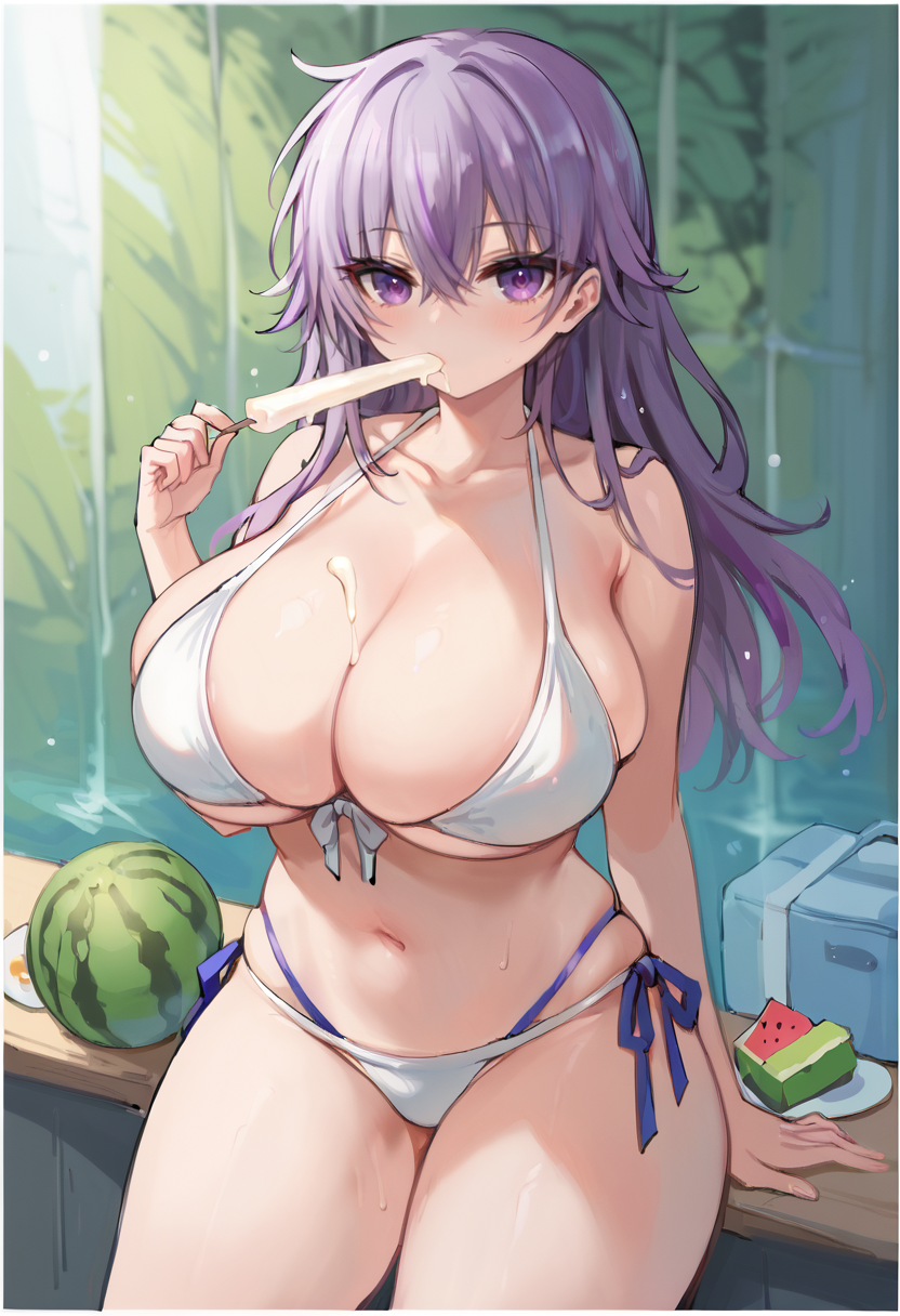 score_9, score_7_up,  1girl, 
solo, huge breasts, wide hips, thick thighs, watermelon, stomach, holding popsicle, looking at viewer, holding food, holding, collarbone, purple eyes, white bikini, popsicle, white border, breasts, thighs, food in mouth, purple hair, food, string bikini, swimsuit, cowboy shot, hair between eyes, fruit, purple pupils, skindentation, navel, bikini, hand up, border, halterneck, curvy, alternate breast size
 <lora:shiodome_oji-Style-PonyXL-GLoRA:1>