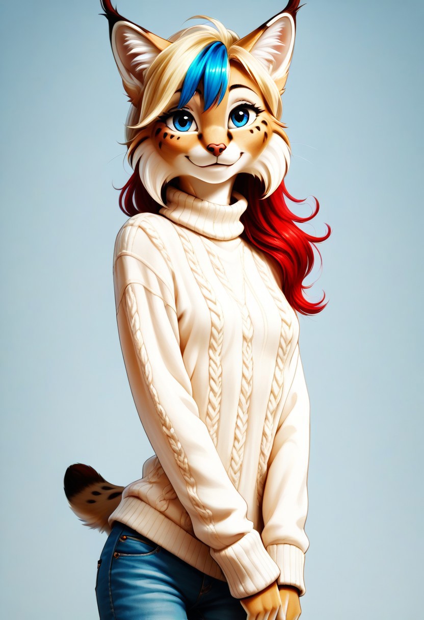 digital_media_(artwork) hi_res, score_9, score_8_up, score_7_up, score_6_up, score_5_up, score_4_up, rating_safe, anthro, furry, female, furry female, detailed textured fur, fur tufts, lynx, slim, slender, small breasts, cute, sweater, denim jeans, multicolor hair, streaked hair, red hair, blue hair, blonde hair, blonde fur, detailed blue eyes, smile, solo, SFW, AsahinaMP,