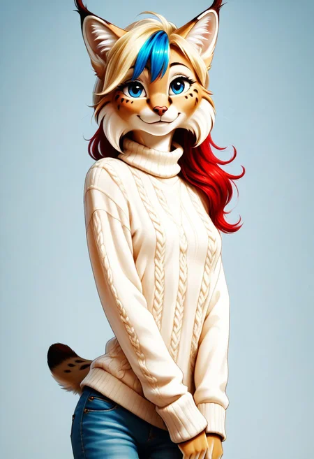 digital_media_(artwork) hi_res, score_9, score_8_up, score_7_up, score_6_up, score_5_up, score_4_up, rating_safe, anthro, furry, female, furry female, detailed textured fur, fur tufts, lynx, slim, slender, small breasts, cute, sweater, denim jeans, multicolor hair, streaked hair, red hair, blue hair, blonde hair, blonde fur, detailed blue eyes, smile, solo, SFW, AsahinaMP,