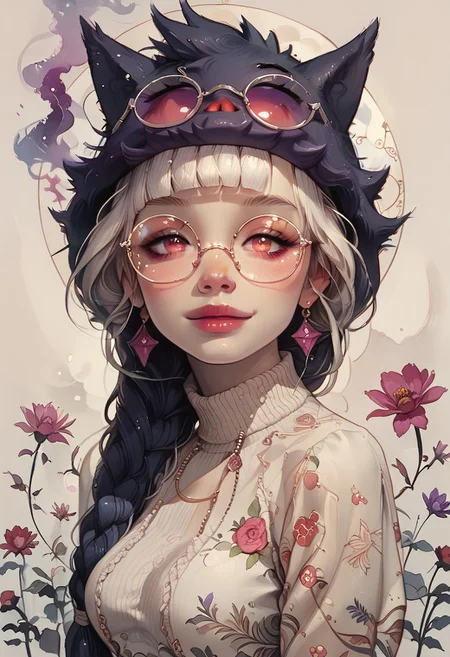 score_9, score_8_up, score_7_up, score_6_up, pastel, watercolor, floral, ArsMJStyle, Art Nouveau, Fl0ralD0lls,
White hair, blunt bangs, long braids,
cute, female, 1girl, pokemon girl, holding PokeBall,
in a flowery meadow, gengar, gengar girl, purple smoke,
large breasts, white knitted cropped sweater,
Smiling, round glasses,