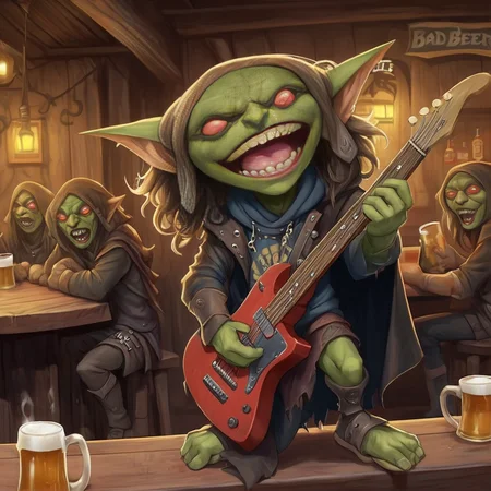 A cute male path_goblin bard, big eyes, wearing a hoodie cloak,a heavy metal rock bad t-shirt, long wavy hair, singing on a tavern while playing an electric guitar, mugs of beer at his feet,<lora:Path_goblin:1>