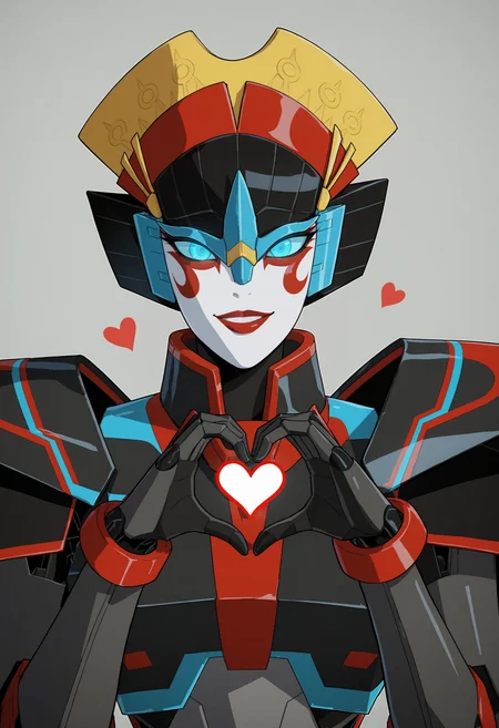 score_9, score_8_up, score_7_up, score_6_up, score_5_up, score_4_up, 1girl, <lora:Windblade:0.8> solo, robot, mecha, red lips, blue eyes, glowing eyes, looking at viewer, upper body, face focus, smile, heart hands,
grey background, simple background,