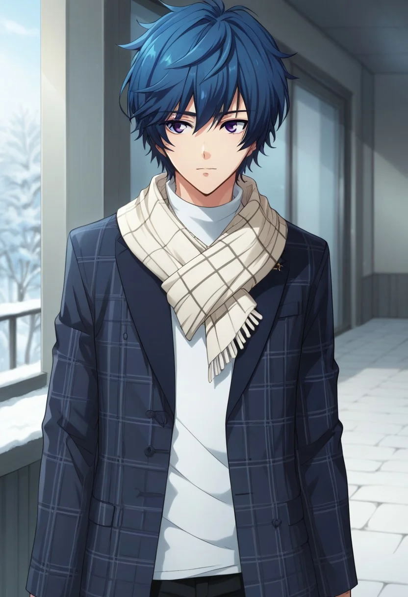 score_9, score_8_up, score_7_up, source_anime, highly detailed, 
nanahoshi, 1boy, male focus, scarf, solo, blue hair, purple eyes, upper body, jewelry, jacket, pants, plaid, plaid scarf, black pants,
indoor,