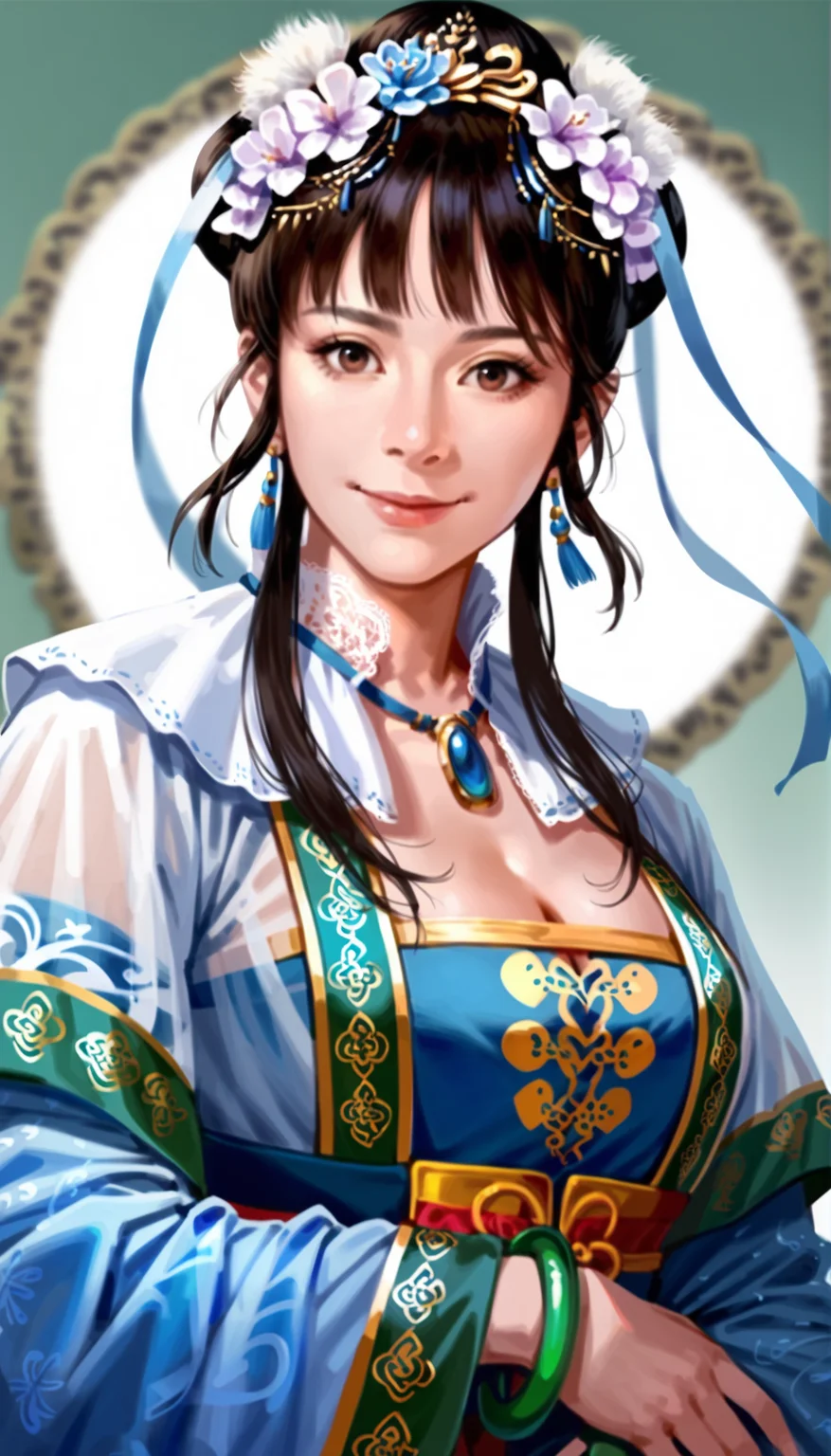 score_9,score_8_up,score_7_up,
highly detailed,highres,
<lora:wangyuanji:0.8>,wangyuanji,
1girl,solo,black hair,bangs,updo,hair ornament,purple hair flower,brown eyes,looking at viewer,facing viewer,smile,chinese clothes,layered blue and white fabric,intricate frills and lace,lace collar,necklace,blue ribbon,sheer robe,jade bracelet,cleavage,portrait,hair twirling,
simple background,blurry background,