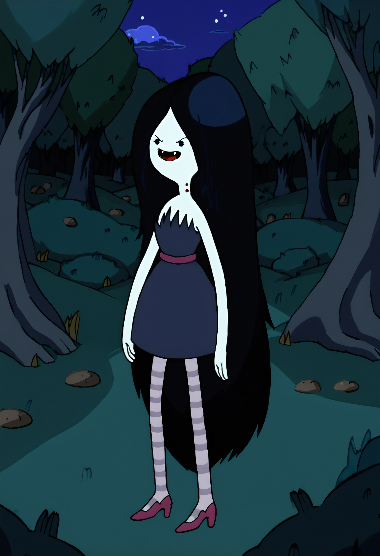 marceline, 1girl, fangs, long hair, black hair, dress, striped shirt, very long hair, striped pantyhose, solo, black eyes, bite mark, solid circle eyes, open mouth, high heels, smile, tree, grey skin, forest, vampire, standing, pantyhose,outdoors, night, night sky,  <lora:MarcelinePony1.1:1>, score_9, score_8_up, score_7_up, score_6_up, score_5_up, score_4_up, looking at viewer, cowboy shot,tree, forest,