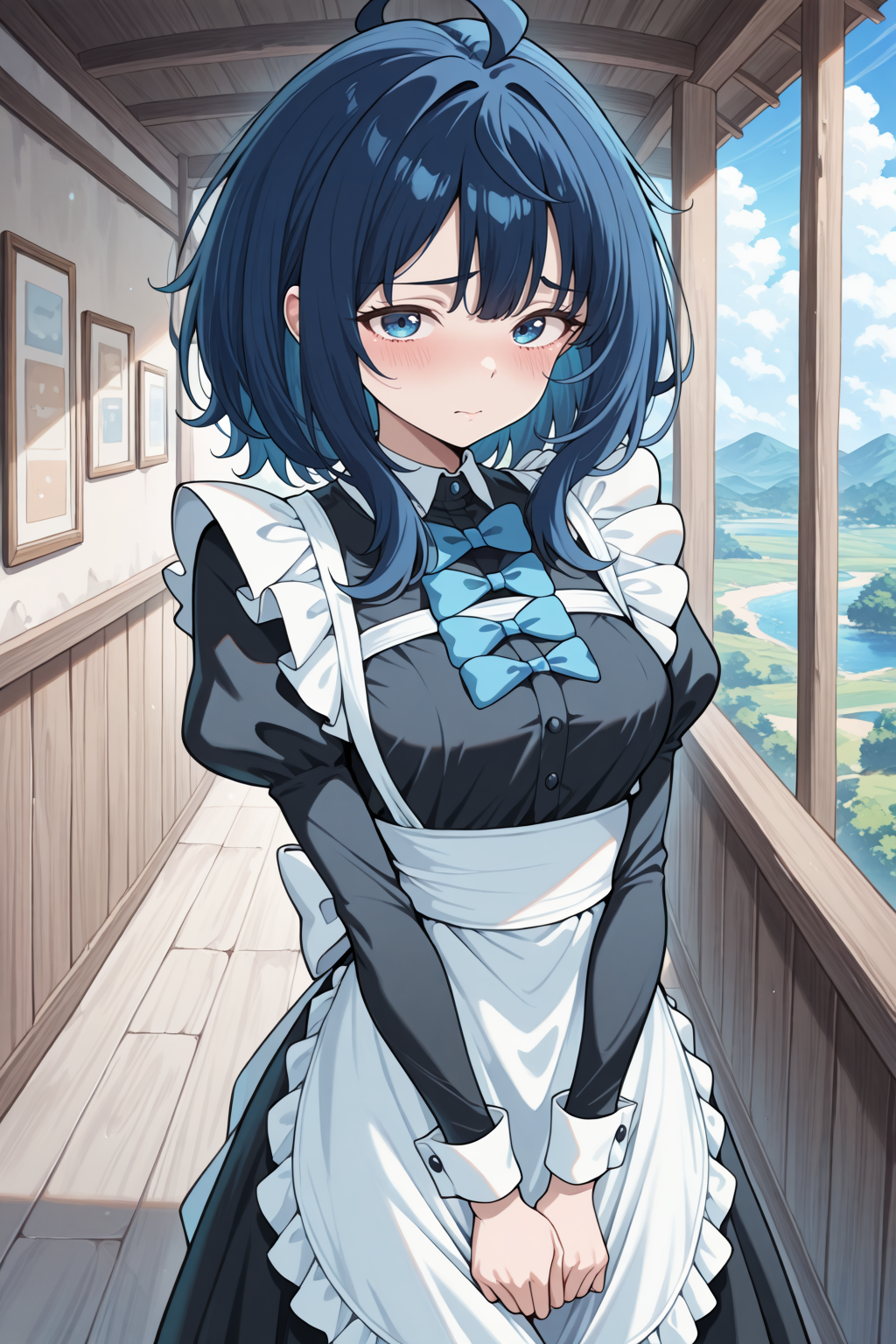 1girl,(solo),anime,masterpiece, best quality, amazing quality, very aesthetic, absurdres, newest, scenery, <lora:Diana_epoch_2:1>, blue hair, medium hair, ahoge, blue eyes, skinny, maid,looking at viewer, shy,