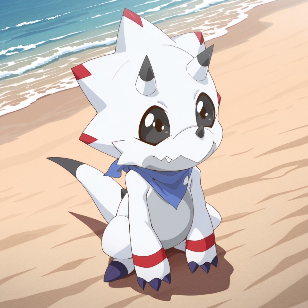((masterpiece, best quality, amazing quality,))  GammaGil, semi-anthro, Gammamon, ceratopsian, white skin, black eyes, black sclera, blue neckerchief, horns, nose horn, tail,, on beach, solo, full body