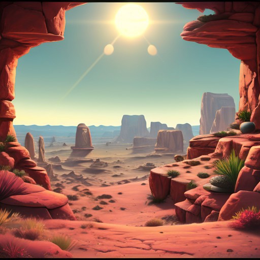 astronaut, sitting cross-legged, alien world, desert, no plants, no animals, lunar lander in the distance, sun rising over horizon, dawn, contemplation,  sand, rocks, cliffs, desolation, arid wasteland, isolated, isolation, score_9,score_8,score_7,score_8_up,score_7_up,score_6_up,