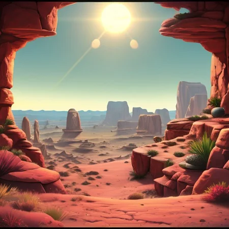 astronaut, sitting cross-legged, alien world, desert, no plants, no animals, lunar lander in the distance, sun rising over horizon, dawn, contemplation, sand, rocks, cliffs, desolation, arid wasteland, isolated, isolation, score_9,score_8,score_7,score_8_up,score_7_up,score_6_up,