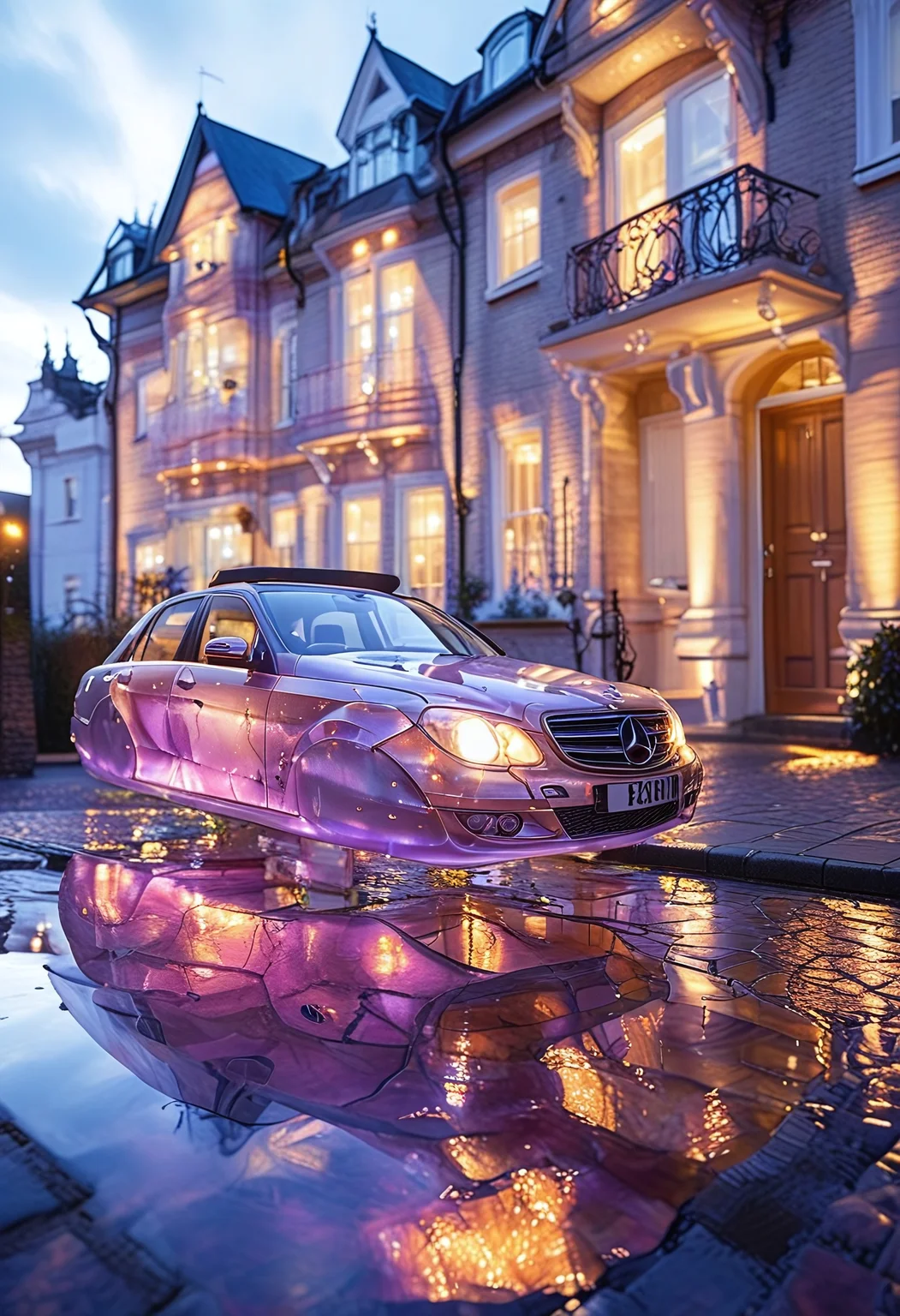 low angle cinematic shot, cinematic directional lighting, dynamic angle, hi-res photograph of a fluorite mineral, iridiscent, flu0rite 1984 Benz Velocipede style Hovering_Car parked in front of a Victorian London townhouse, highly detailed, art photography, reij-snrs