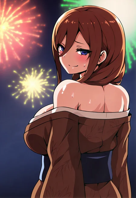 masterpiece, best quality, 1girl, nknmkkmn, blue eyes, long hair, brown hair, hair between eyes, large breasts, brown kimono, japanese clothes, yukata, sash, print kimono, <lora:NakanoMiku_illusXL_Incrs_v1-000012:1>, looking back, from behind, off-shoulder kimono, smirk, blush, bare shoulders, rimlight, night, japanese clothes, fireworks, depth of field, sweat, arms at sides, nephlite, shiny skin, oiled, <lora:antechinusStyle_illusXL_Incrs_v2:1>, anime coloring,