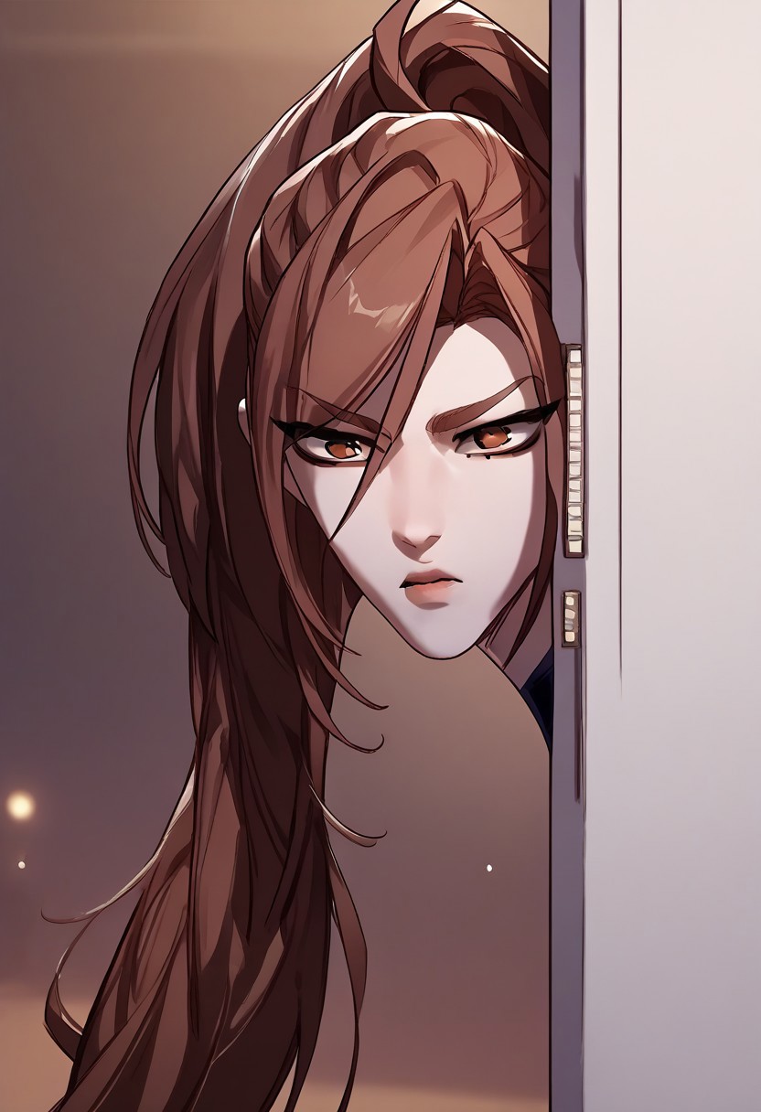 zPDXL2, score_9_up, score_8_up, score_7_up, (Anime_source), high detail face, best quality, absurd res, 1girl, Mei, peeking out
upper body, brown eyes, brown hair, long hair, ponytail, Mei clothes, looking at viewer, curious