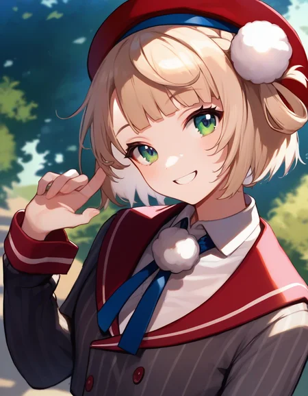 score_9,score_8_up,score_7_up,score_6_up BREAK official art,solo,outdoors,upper body,portrait,looking at viewer,facing viewer,smile,shigure ui (vtuber),beret,red headwear,light brown hair,short hair,hair rings,pom pom hair ornament,side braid,french braid,blunt bangs,green eyes,school uniform,grey jacket,vertical-striped jacket,red sailor collar,neck ribbon,pom pom (clothes),collared shirt,white shirt,long sleeves,red wrist cuffs,double-breasted,grey skirt,pleated skirt,vertical-striped skirt,red socks,loafers,<lora:Shigure Ui(vtuber)-Pony:1.3>,<lora:Smooth Anime Style LoRA XL:0.8>,