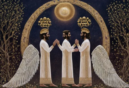 moon cycle arches above Cyrus the great in a long white dress meets with Zartosht, gold scrollwork, novuschroma style
