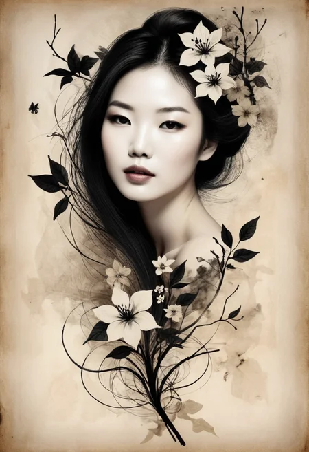 Asian woman, beautiful face, black color tones, wabi-sabi art, illustration, drawn, parchment art, abstract , flowerpunk, surreal artwork, Impermanence