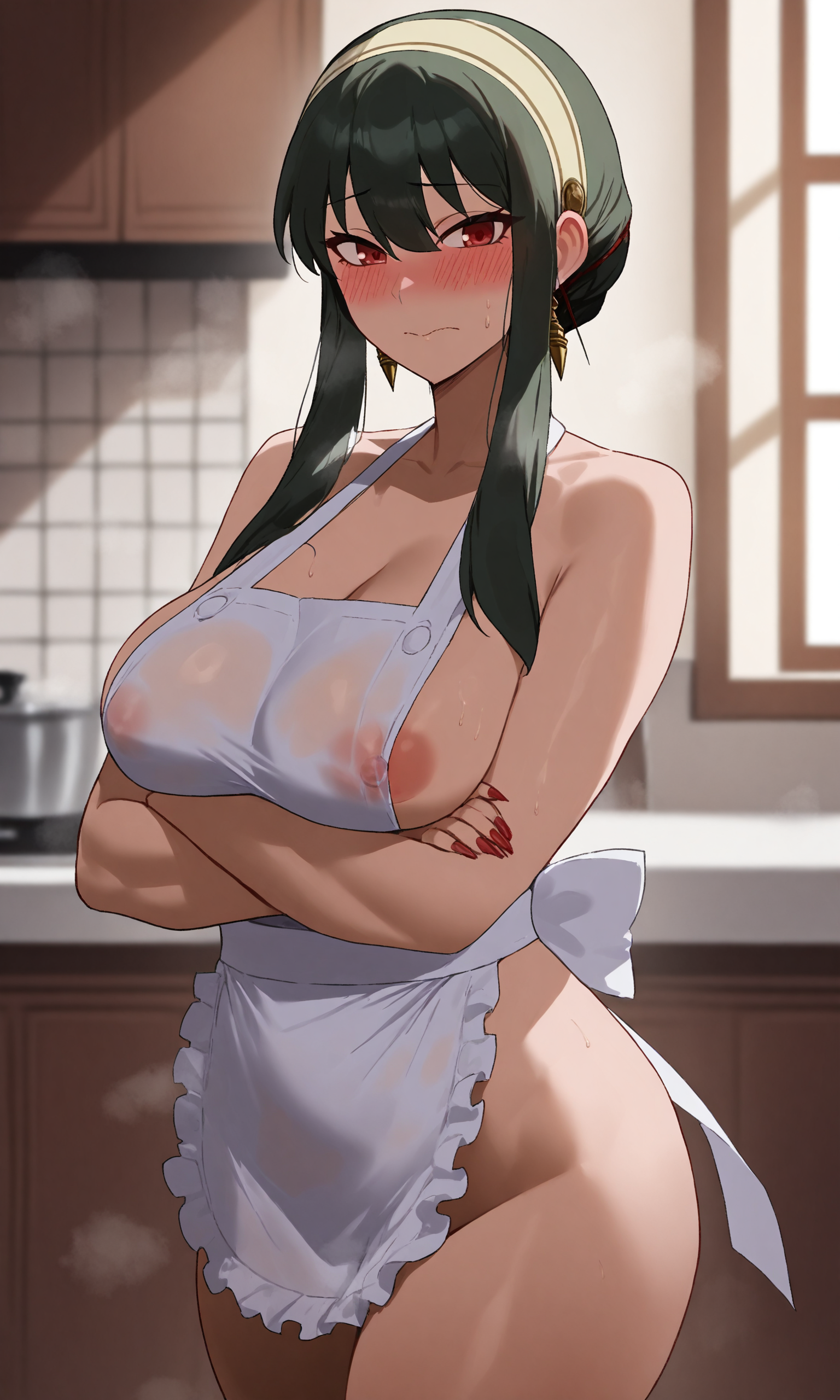 masterpiece, best quality, high resolution, absurdres, 1girl, shexystyle, yor_briar, naked_apron, looking_at_viewer, embarrassed, wide_hips, large_breasts, nipple_slip, indoors, crossed_arms