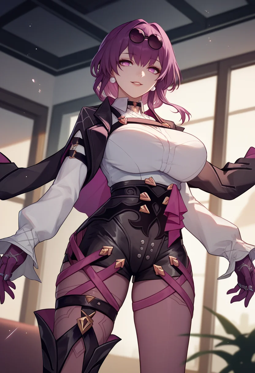 score_9, score_8_up, score_7_up, source_anime BREAK 1girl, solo, <lora:kafka-hsr-richy-v1_pdxl:1> kfka, purple eyes, purple hair, bangs, sidelocks, eyewear on head, pearl earrings, black choker, white shirt, collared shirt, bare shoulders, long sleeves, black jacket, jacket on shoudlers, harness, large breasts, purple gloves, rings, black shorts, high-waist shorts, purple thigh straps, pantyhose, single thigh boot, parted lips, smile, looking at viewer