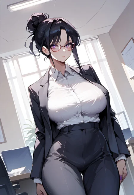 score_9, score_8_up, score_7_up, score_6_up, 1girl, source_anime, 
1girl, Hina,
haircut bangs, hair bun, large breasts, glasses, miniskirt, suit jacket, office clothes,
Indoors, living room,
Dutch angle,