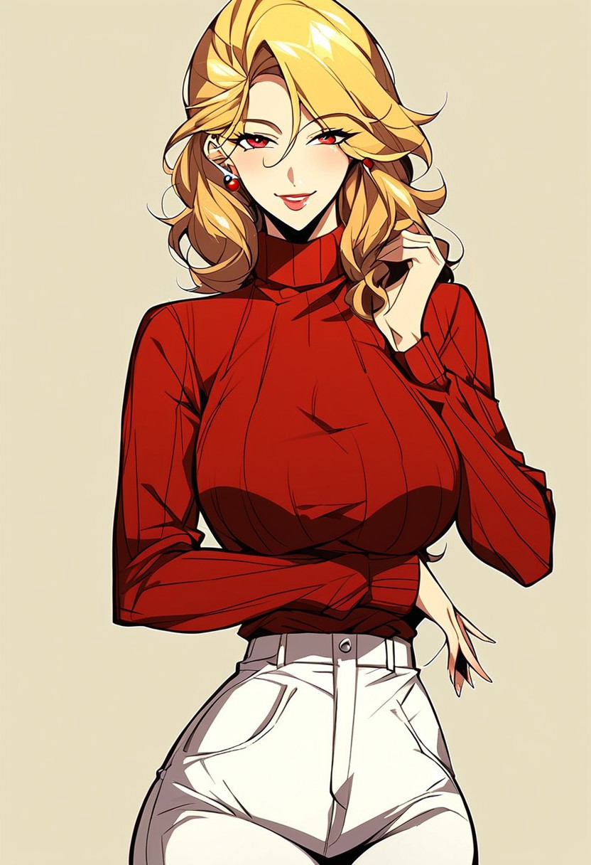 score_9, score_8_up, score_7_up, source_anime, BREAK, easynegative, FastNegativeV2, EasyNegativeV2, haganef style, breasts, 1girl, solo,sexy body , young, anime, mature, young, adult, sexy BODY, SLIM WAIST, 1GIRL, SOLO, legs, body mature, and adult, legs,large breasts,,mature woman, large breasts, adult, mature body, five fingers, smile. manhwastyle,
Gina, 1girl, solo, large breasts, blonde hair, medium hair, wavy medium-length hair, red eyes, sweater, red sweater, and long pants.