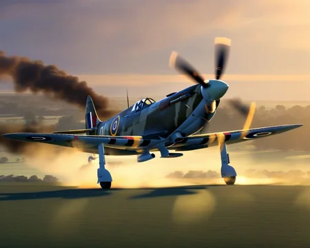 Supermarine_Spitfire, fighter jet, takeoff, cinematic color grade, sunset silhouette, smoke trail, masterpiece, best quality, amazing quality <lora:Mini list aircraft sdxl V1:1>