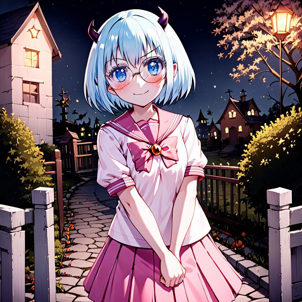 best quality, masterpiece, detailed, Crocell Kerori, smile, closed mouth, light blush, happy, light blue hair, short hair, blue eyes, horns, round eyewear, colored eyelashes, KeroriSchoolUniform, school uniform, serafuku, pink skirt, bow, standing, looking at the viewer, halloween, outdoors, night.