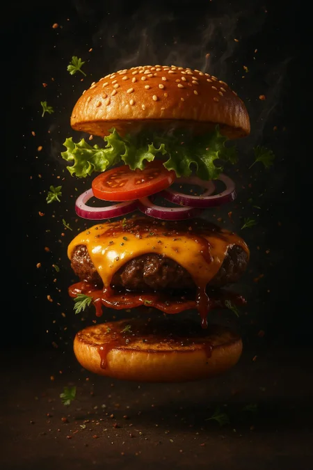 A mouth-watering giant cheeseburger captured flying mid-air in a dramatic 1:1 frame — each ingredient suspended with hyper-realistic textures, glossy highlights, and floating crumbs. Exploding herbs, seasoning flakes, and dripping sauces enhance the motion. HDR cinematic lighting, studio shadows, steam wisps, and glowing particles fill the scene. Velvet dark background, macro lens, 8K food photography — a surreal and delicious visual masterpiece.