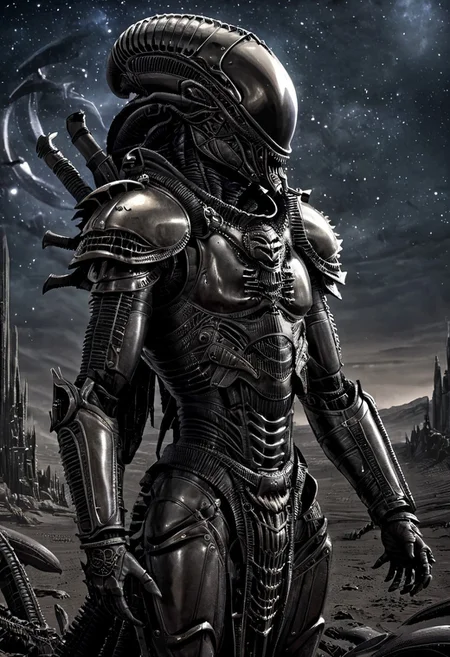 An insanely Detailed Divine Xenomorph, Golden and silver in color, a crimson tinge to the golden color, Hyperdetailed, Omnipresent, Beautiful, Sinister overtones, otherworldly,((masterpiece, best quality)), fantasy, solo, 1 alien knight, silver armor chestplate with silver medieval ornaments and runes, galactic night sky background, perfect composition, sidelighting, outdoor, in a duster standing alone in the desert, art by hr giger,