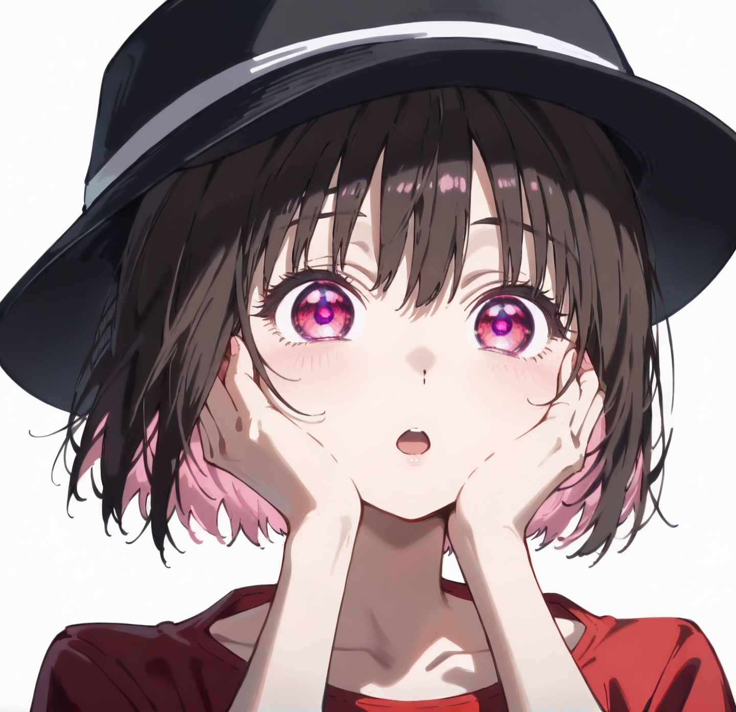 <lora:osanaiyuki:1>
############################################
score_9, score_8_up, score_7_up, score_6_up, 
############################################
1girl,solo,nsfw,
############################################
onasaiyuki,
############################################
onasaiyuki,brown hair,  short hair,bangs,bob cut,(red eyes, purple eyes,pink eyes:1.5),medium hair,hair between eyes,short hair, hat,shirt,black headwear, pants,red shirt,black footwear, jacket,collarbone,
##########################################
standing,wide eyes,open mouth,hands on own cheeks
############################################