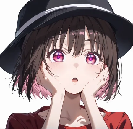 <lora:osanaiyuki:1>
############################################
score_9, score_8_up, score_7_up, score_6_up, 
############################################
1girl,solo,nsfw,
############################################
onasaiyuki,
############################################
onasaiyuki,brown hair,  short hair,bangs,bob cut,(red eyes, purple eyes,pink eyes:1.5),medium hair,hair between eyes,short hair, hat,shirt,black headwear, pants,red shirt,black footwear, jacket,collarbone,
##########################################
standing,wide eyes,open mouth,hands on own cheeks
############################################