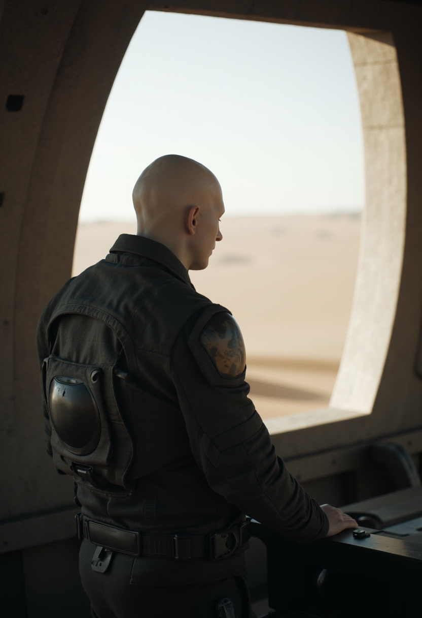 <lora:ck-dune-style_r1-000017:1>, ckdunestyle, ckmoviestyle, A white bald character, standing in a command center, indoors, window view with a vast desert landscape visible