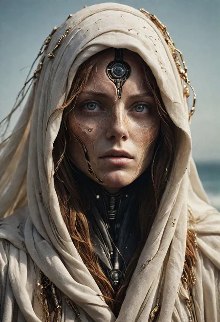 Super Closeup Portrait, Create a DARK dystopian description capturing the essence of a freckled cyborg woman in a close-up photograph, featuring real human DARK white eyes with an intense gaze. The subject has long flowing hair, draped in a ghostly white star wars linen cloak billowing in the wind. The face is a striking fusion of half-cyborg with intricately crafted gold elements and half-human skin, creating a mesmerizing and enigmatic presence. standing at the ocean in bright sunlight, ethereal, sunray,
very detailed, atmospheric haze, Film grain, cinematic film still, shallow depth of field, highly detailed, high budget, cinemascope, moody, epic, OverallDetail, gorgeous, 2000s vintage RAW photo, photorealistic, candid camera, color graded cinematic, eye catchlights, atmospheric lighting, skin pores, imperfections, natural, shallow dof