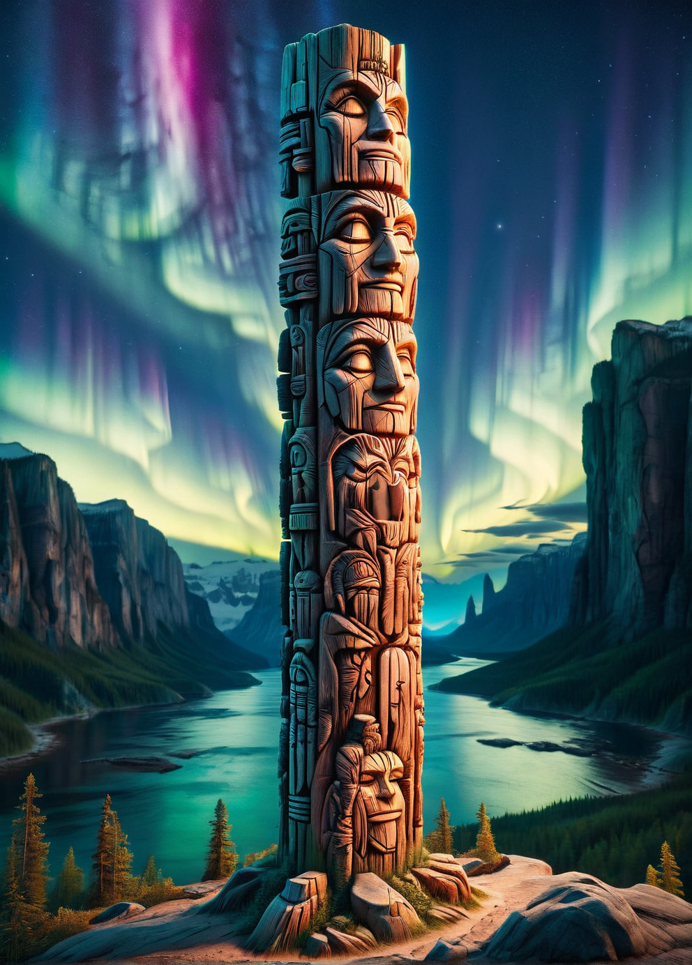 An ais-rghhwn wooden totem pole at the edge of a cliff, overlooking a vast, untouched wilderness under the glow of the aurora borealis <lora:ais-rghhwn-sdxl:1>